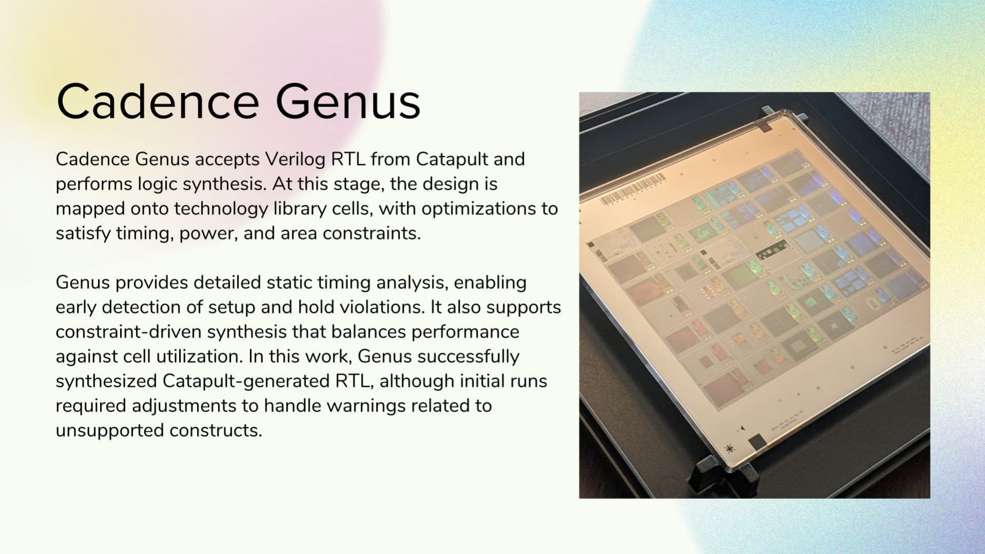 Cadence Genus. Original 2025 NSF CROSS Project presentation slide.